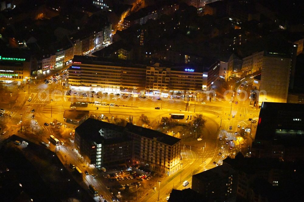 Aerial image at night Nürnberg - Night lighting Banking administration building of the financial services company Isbank Am Plaerrer in the district Himpfelshof in Nuremberg in the state Bavaria, Germany