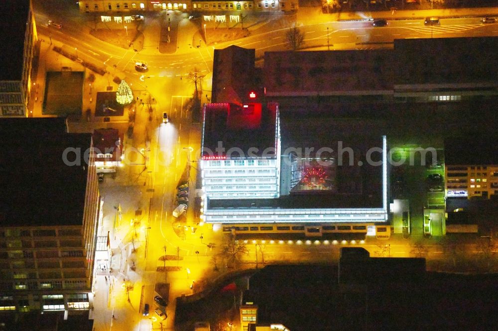 Kulmbach at night from above - Night lighting Banking administration building of the financial services company of Sparkasse Kulmbach-Kronach - Hauptstelle on Fritz-Hornschuch-Strasse in Kulmbach in the state Bavaria, Germany