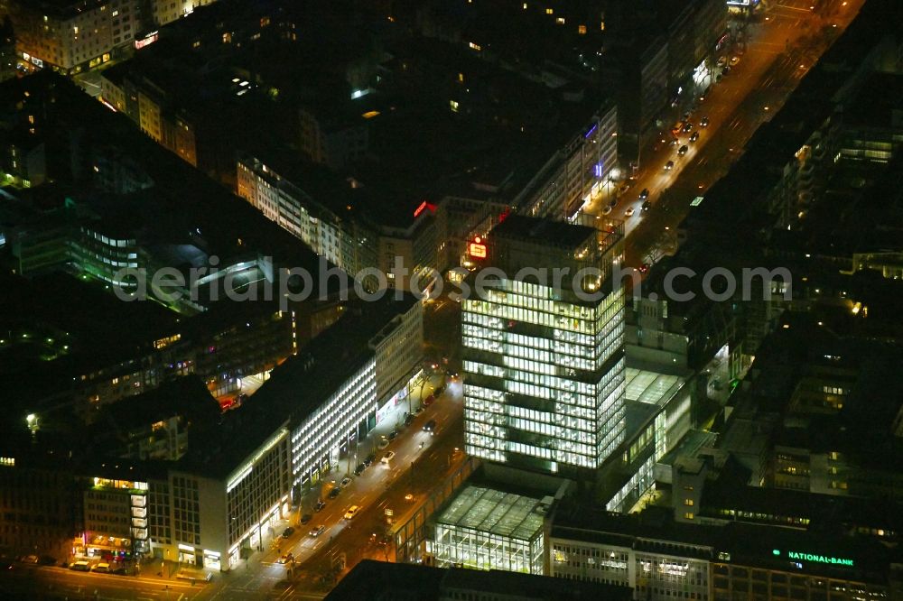 Düsseldorf at night from above - Night lighting banking administration building of the financial services company Stadtsparkasse Duesseldorf in the district Stadtmitte in Duesseldorf in the state North Rhine-Westphalia, Germany