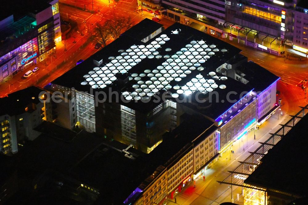 Pforzheim at night from above - Night lighting banking administration building of the financial services company VolksbankHaus on Westliche Karl-Friedrich-Strasse in Pforzheim in the state Baden-Wurttemberg, Germany