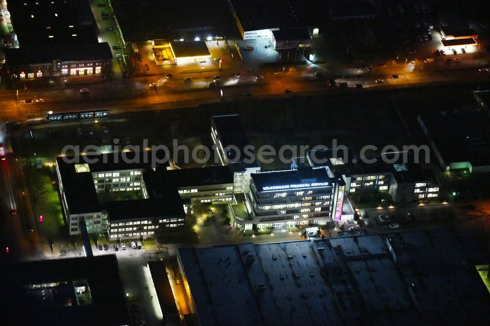 Braunschweig at night from above - Night lighting Banking administration building of the financial services company of Volkswagen Financial Services - Filiale Braunschweig in the district Veltenhof-Ruehme in Braunschweig in the state Lower Saxony, Germany