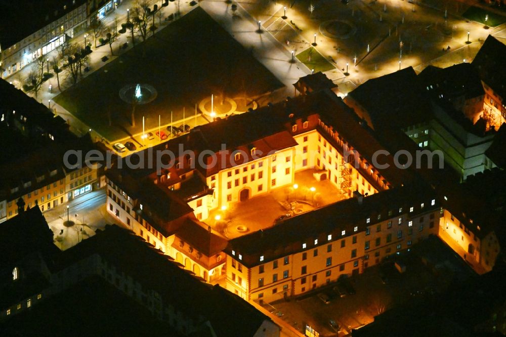 Erfurt at night from above - Night lighting administrative building of the State Authority Thueringer Staatskanzlei on Regierungsstrasse in the district Altstadt in Erfurt in the state Thuringia, Germany