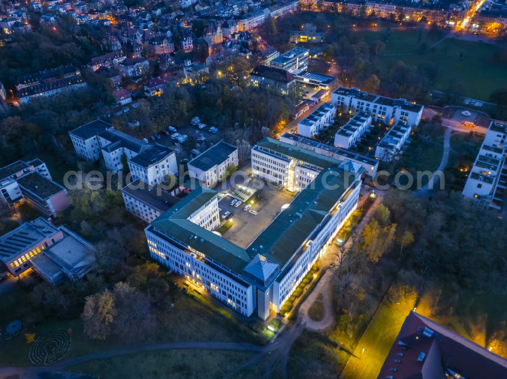 Aerial photograph at night Dresden - Night lighting office and administration buildings of the insurance company IKK classic on street Tannenstrasse in the district Neustadt in Dresden in the state Saxony, Germany