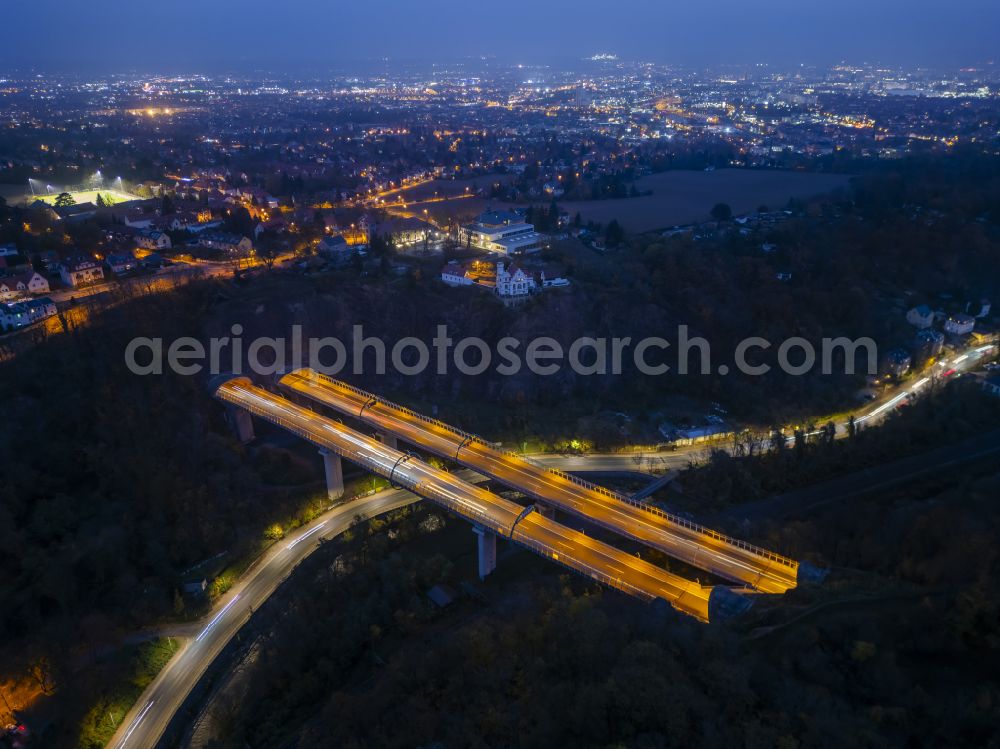 Dresden at night from above - Night lighting routing and lanes in the course of the motorway bridge structure of the BAB A 17 Weisseritztalbruecke on street Weisseritztalbruecke in the district Coschuetz in Dresden in the state Saxony, Germany