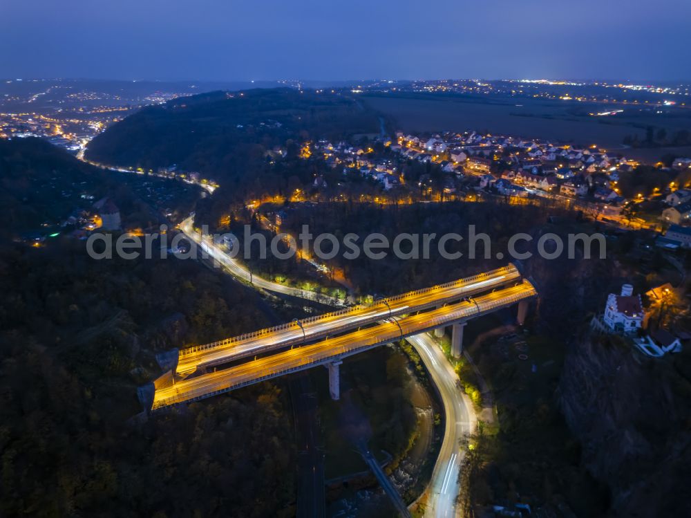 Aerial image at night Dresden - Night lighting routing and lanes in the course of the motorway bridge structure of the BAB A 17 Weisseritztalbruecke on street Weisseritztalbruecke in the district Coschuetz in Dresden in the state Saxony, Germany