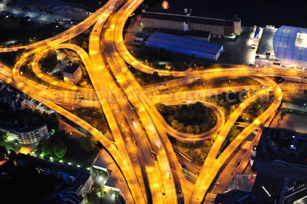 Ludwigshafen am Rhein at night from above - Night lighting Viaduct of the expressway Hochstrasse Nord - B44 in Ludwigshafen am Rhein in the state Rhineland-Palatinate, Germany