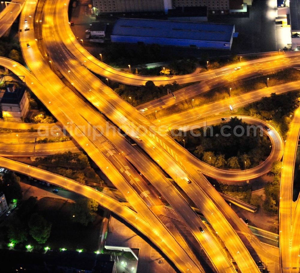 Ludwigshafen am Rhein at night from above - Night lighting Viaduct of the expressway Hochstrasse Nord - B44 in Ludwigshafen am Rhein in the state Rhineland-Palatinate, Germany