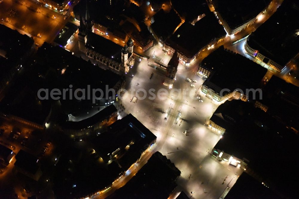 Halle (Saale) at night from above - Night aerial view from the old town center at the Market Church of Our dear Lady, Red Tower and market square in Halle (Saale) in Saxony-Anhalt