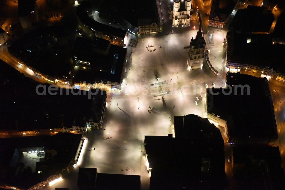 Halle (Saale) at night from above - Night aerial view from the old town center at the Market Church of Our dear Lady, Red Tower and market square in Halle (Saale) in Saxony-Anhalt