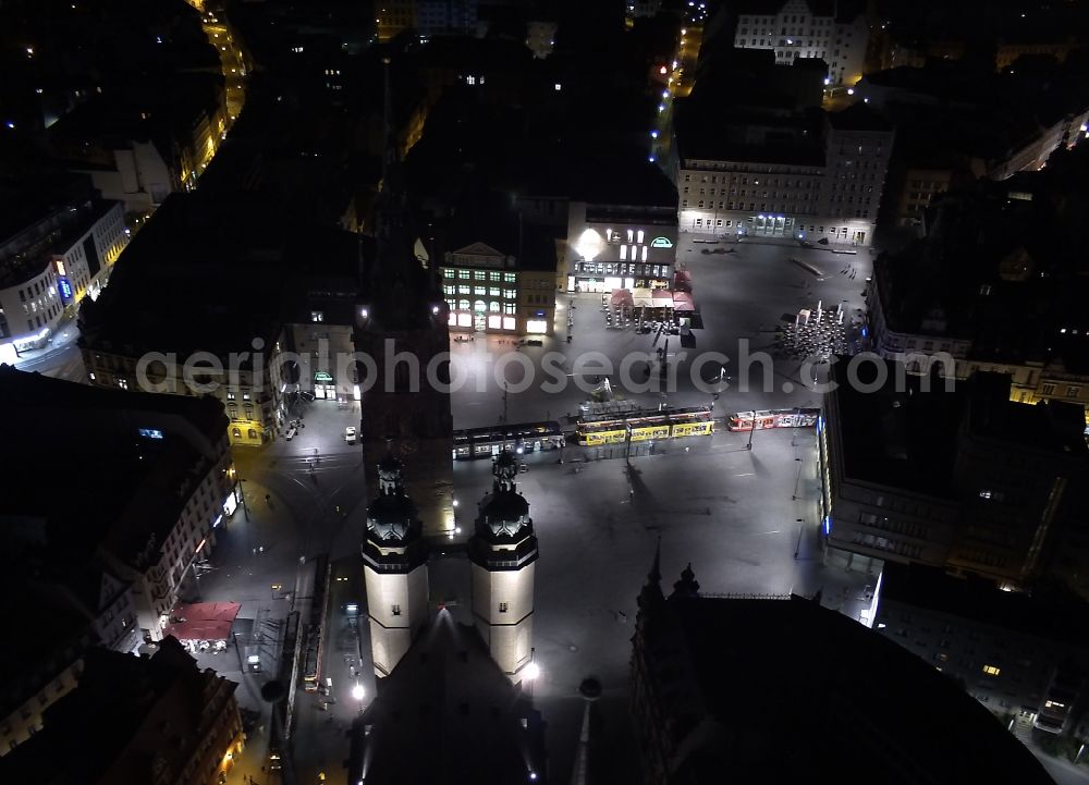 Aerial photograph at night Halle (Saale) - Night aerial view from the historic center of sder market Church of Our love women, Red Tower and marketplace in Halle (Saale) in Saxony-Anhalt