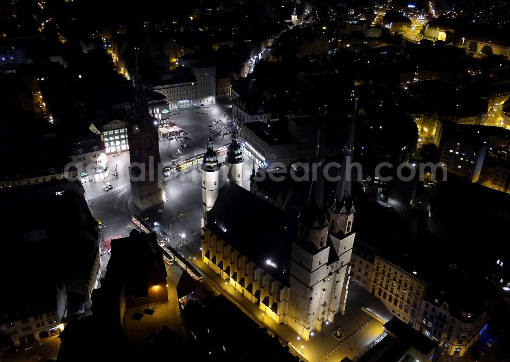 Halle (Saale) at night from above - Night aerial view from the historic center of sder market Church of Our love women, Red Tower and marketplace in Halle (Saale) in Saxony-Anhalt