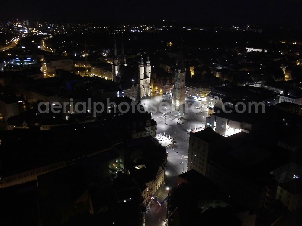 Halle (Saale) at night from the bird perspective: Night aerial view from the historic center of sder market Church of Our love women, Red Tower and marketplace in Halle (Saale) in Saxony-Anhalt