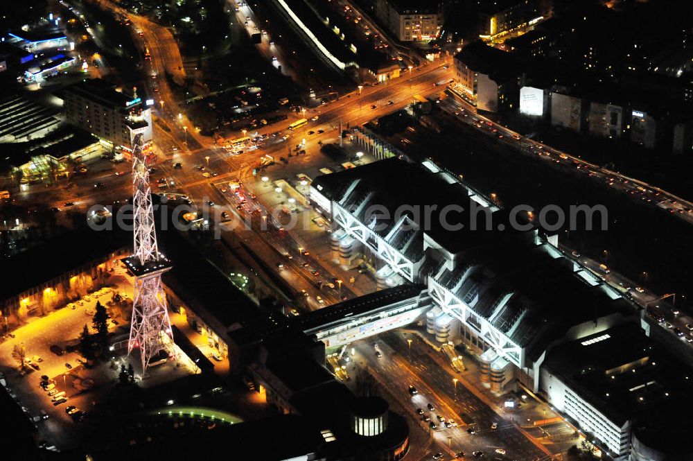 Aerial image at night Berlin - Nachtluftbild vom Areal des Funkturm / ICC im Messegelände in Berlin Charlottenburg. Night shot of the area of the radio tower / ICC in the Exhibition Grounds in Berlin Charlottenburg.