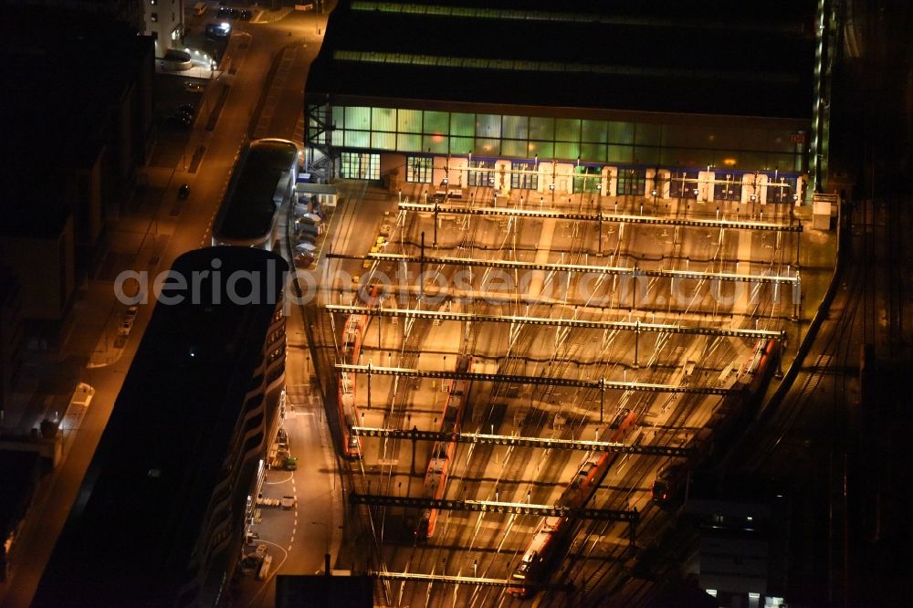 Aerial image at night Frankfurt am Main - Night view Railway depot and repair shop for maintenance and repair of trains of passenger transport in Frankfurt in the state Hesse