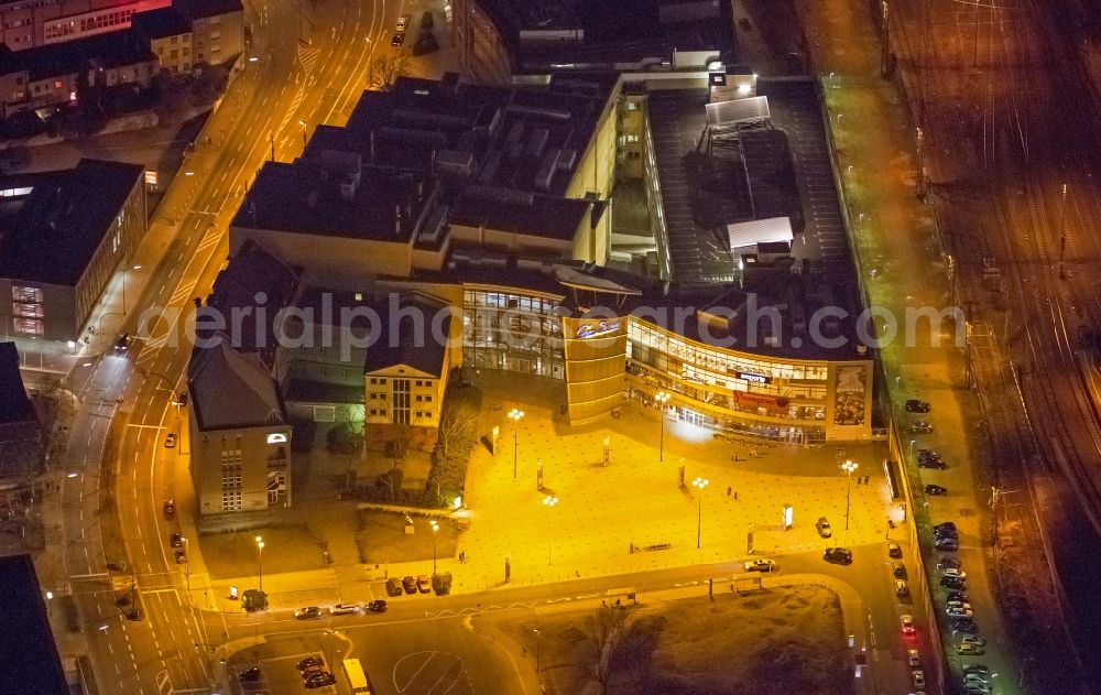 Aerial photograph at night Dortmund - Aerial view of the illuminated night-screen movie center, a large cinema in Dortmund in North Rhine-Westphalia