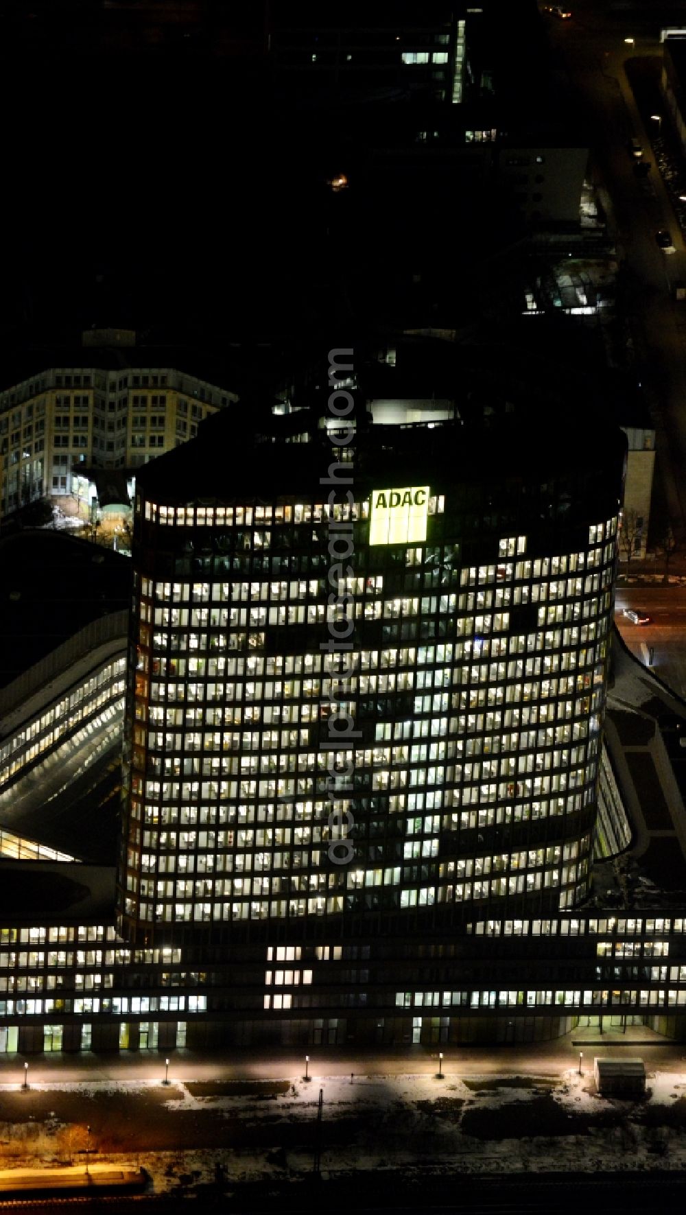 Aerial photograph at night München - Night view of the new build of the ADAC Headquaters at the Hansastrasse in Munich in the state Bavaria