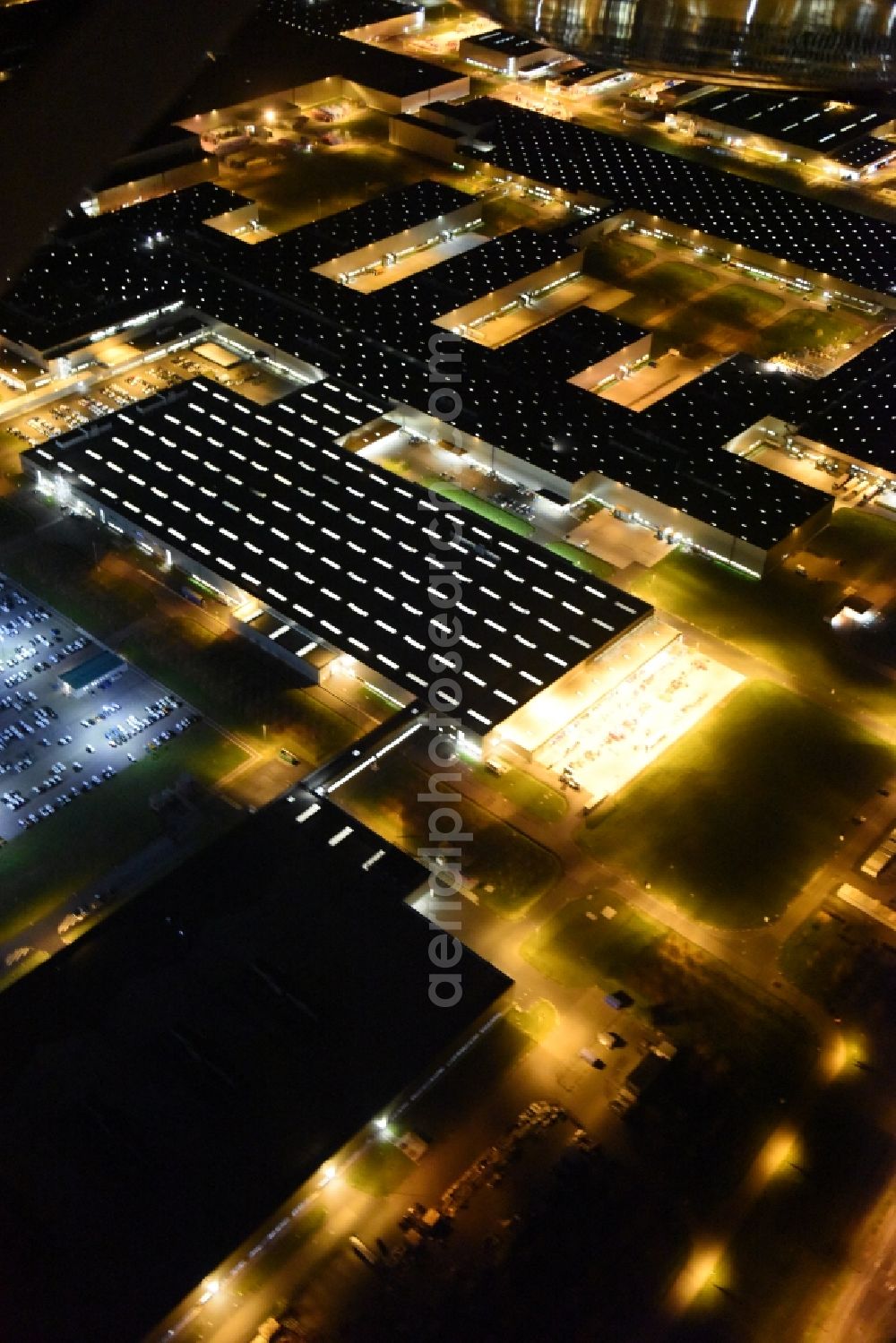 Leipzig at night from above - Night aerial view from the site location of Bayerische Motoren Werke AG BMW Leipzig in Saxony