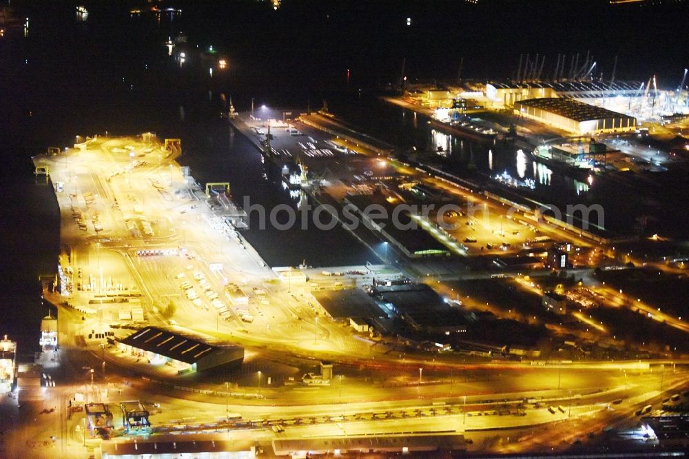 Rostock at night from above - Night view container Terminal in the port at the Unterwarnow in Rostock in the state Mecklenburg - Western Pomerania