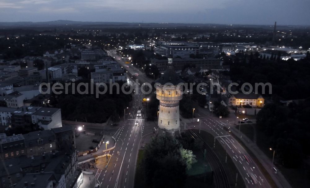 Aerial photograph at night Halle (Saale) - Night aerial view from the listed building tower water tower-Nord in Halle (Saale) in Saxony-Anhalt