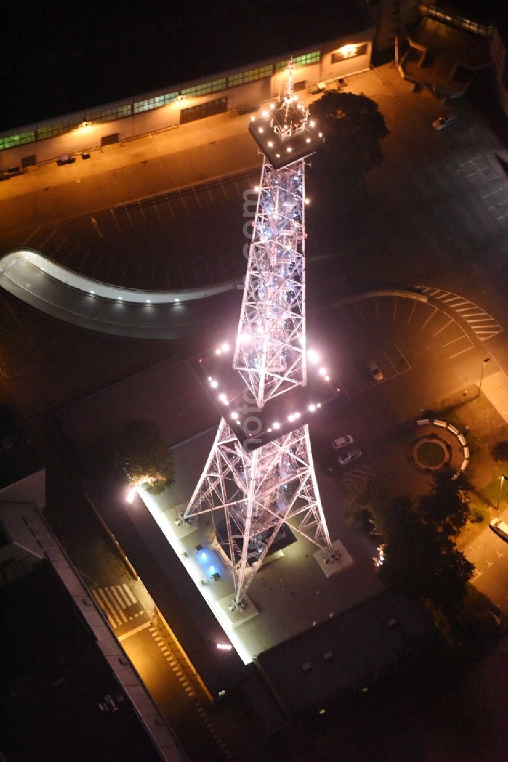 Aerial image at night Berlin - Night view television Tower Funkturm Berlin on Hammarskjoeldplatz destrict Charlottenburg in Berlin