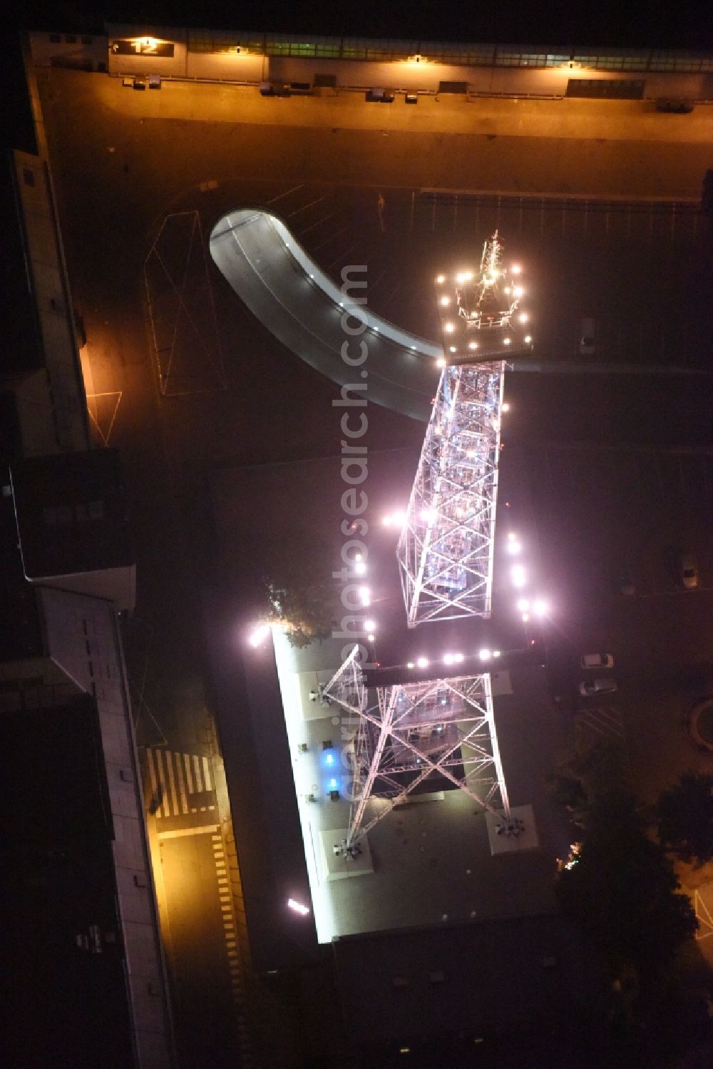 Berlin at night from the bird perspective: Night view television Tower Funkturm Berlin on Hammarskjoeldplatz destrict Charlottenburg in Berlin