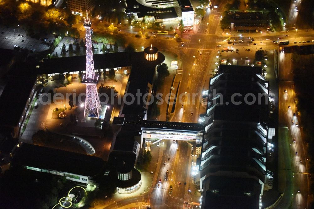 Aerial photograph at night Berlin - Night view television Tower Funkturm Berlin on Hammarskjoeldplatz destrict Charlottenburg in Berlin