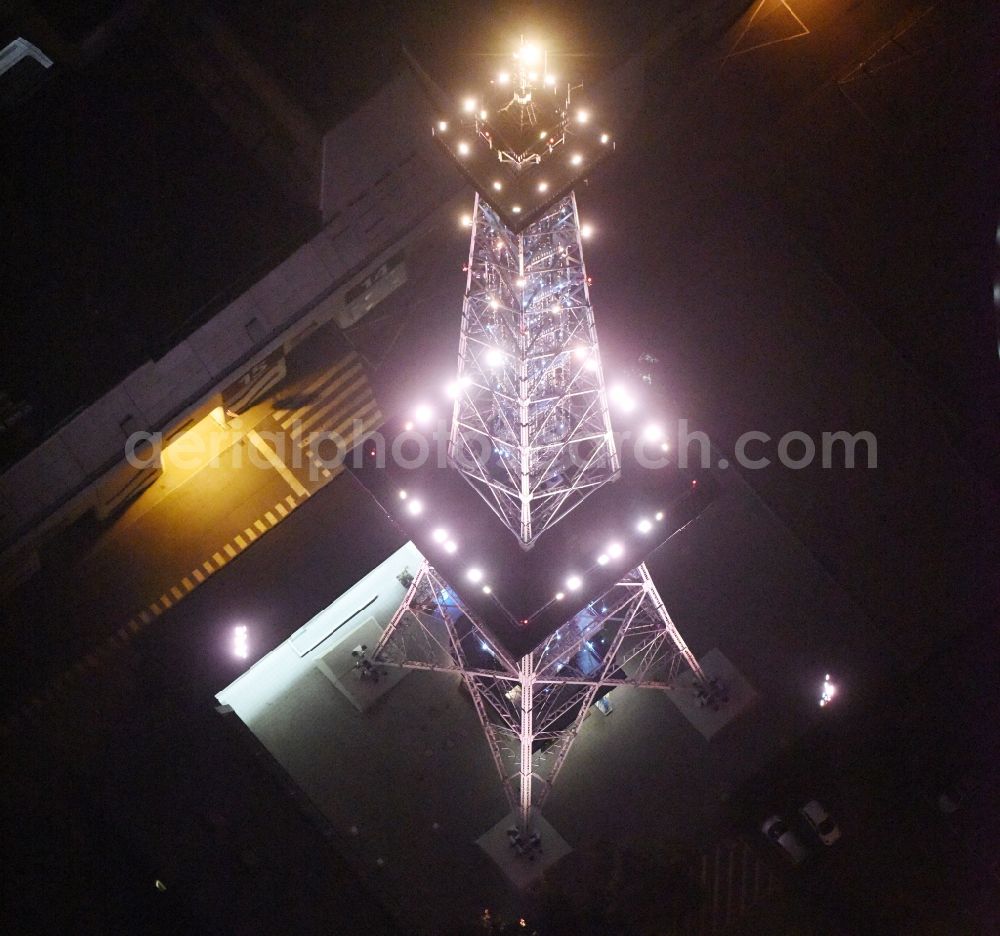 Berlin at night from the bird perspective: Night view television Tower Funkturm Berlin on Hammarskjoeldplatz destrict Charlottenburg in Berlin