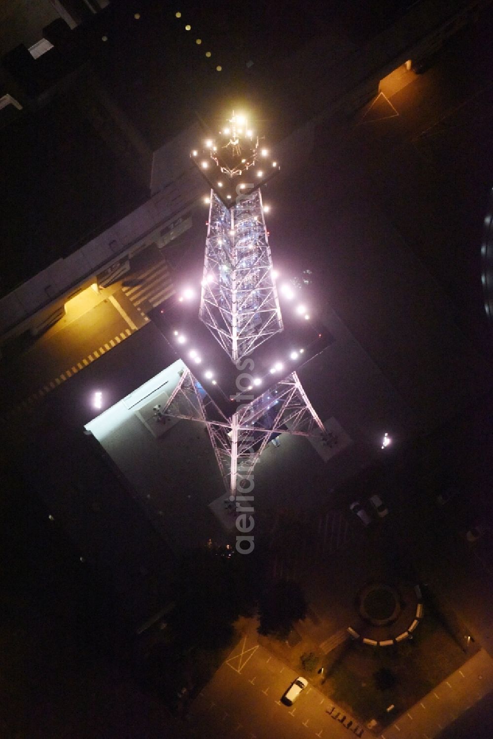 Aerial photograph at night Berlin - Night view television Tower Funkturm Berlin on Hammarskjoeldplatz destrict Charlottenburg in Berlin