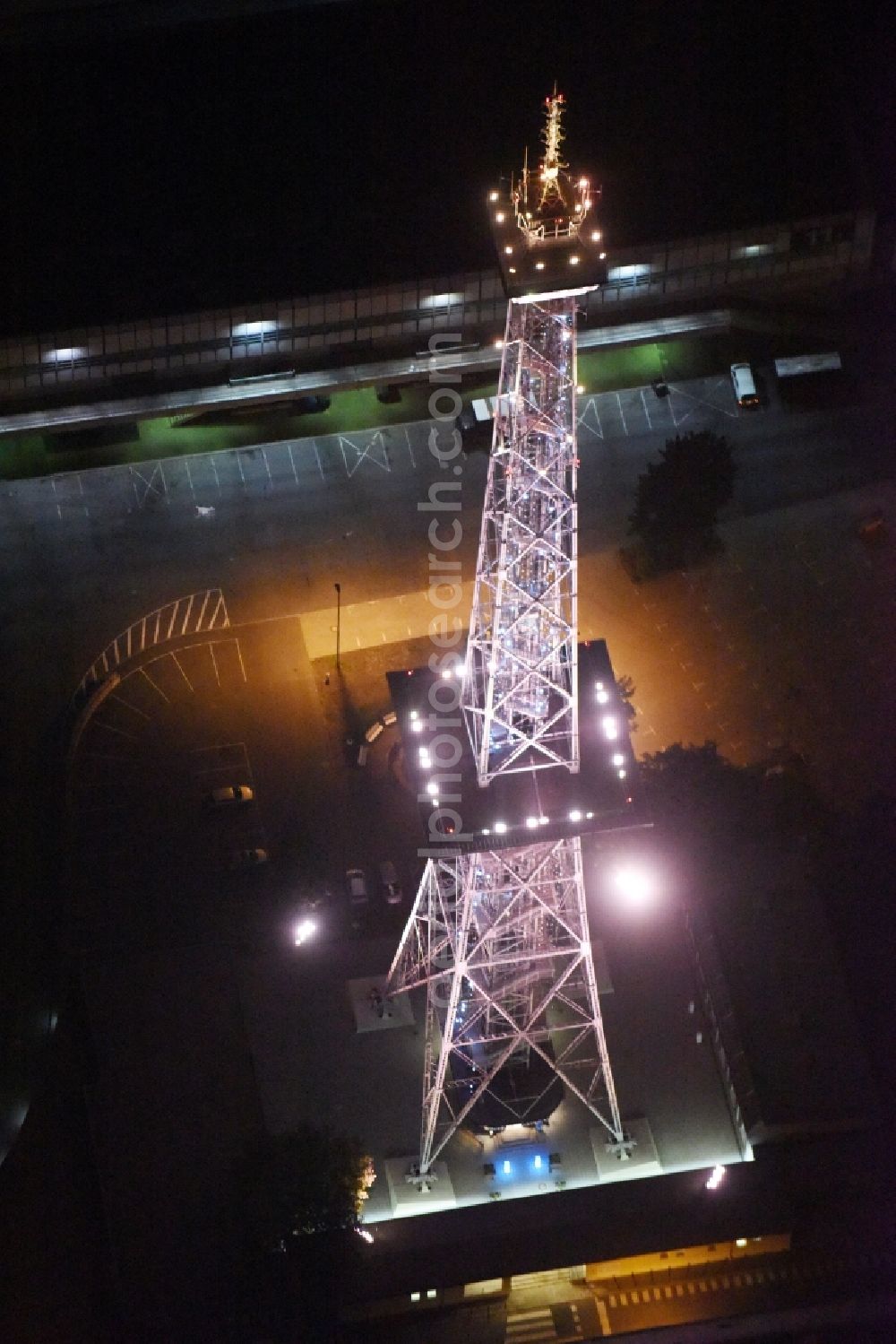 Aerial photograph at night Berlin - Night view television Tower Funkturm Berlin on Hammarskjoeldplatz destrict Charlottenburg in Berlin