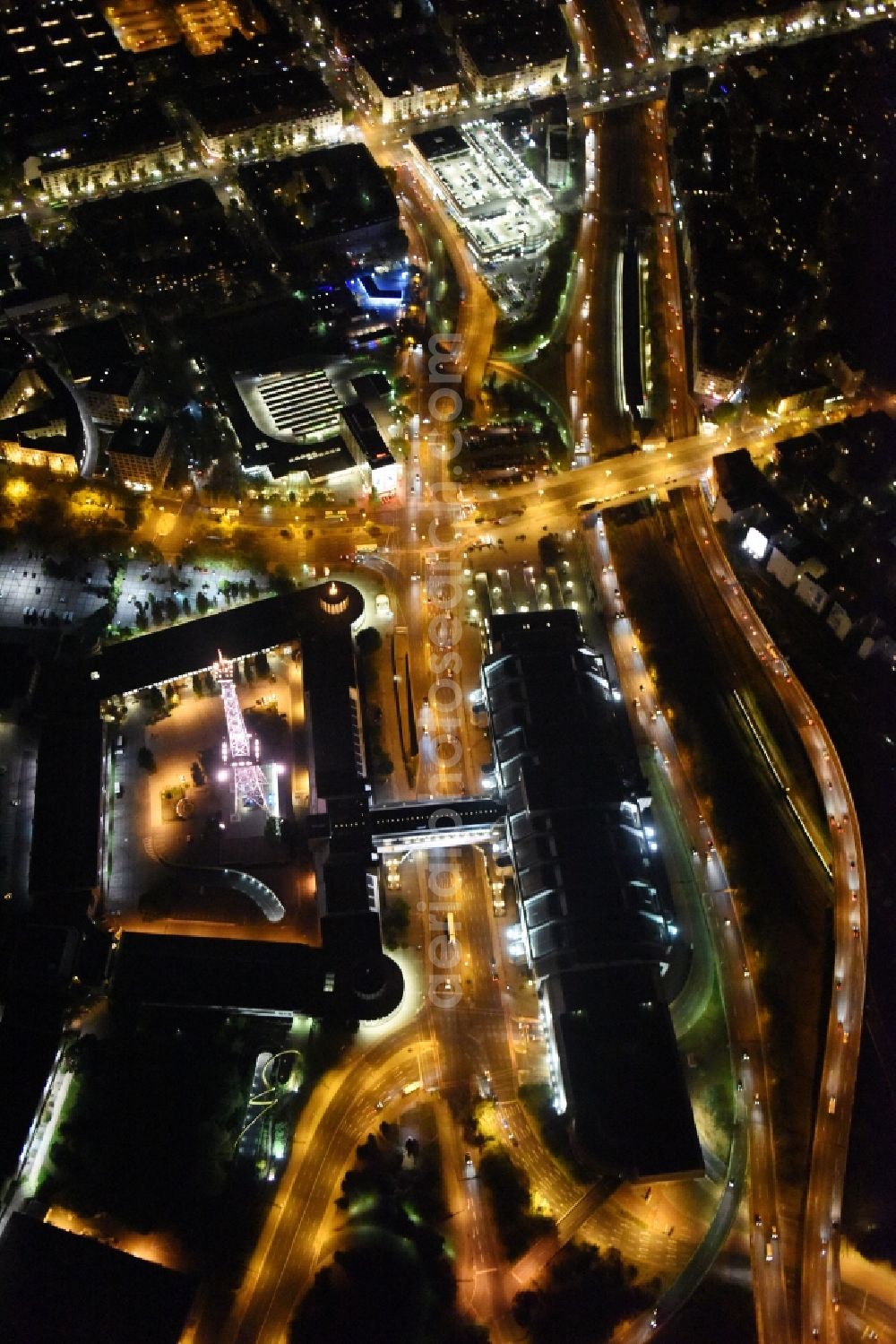 Berlin at night from above - Night view television Tower Funkturm Berlin on Hammarskjoeldplatz destrict Charlottenburg in Berlin