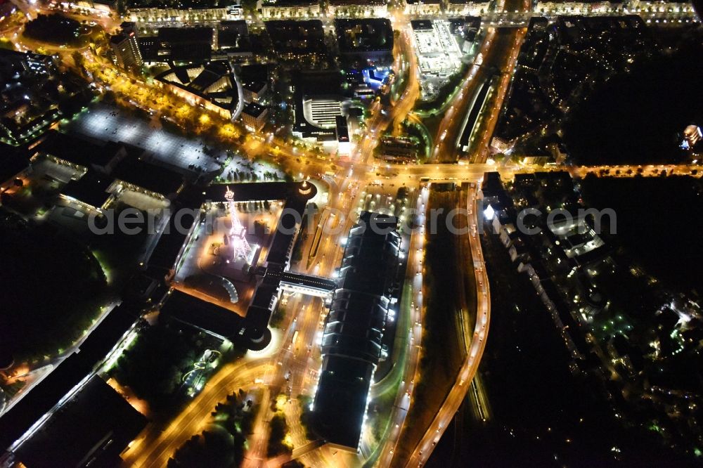 Berlin at night from the bird perspective: Night view television Tower Funkturm Berlin on Hammarskjoeldplatz destrict Charlottenburg in Berlin