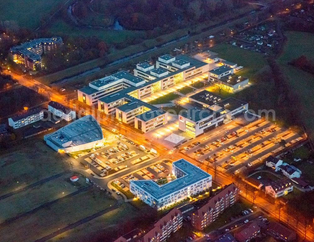 Hamm at night from above - Night view building complex of the university Hamm-Lippstadt HSHL in Hamm in the state North Rhine-Westphalia