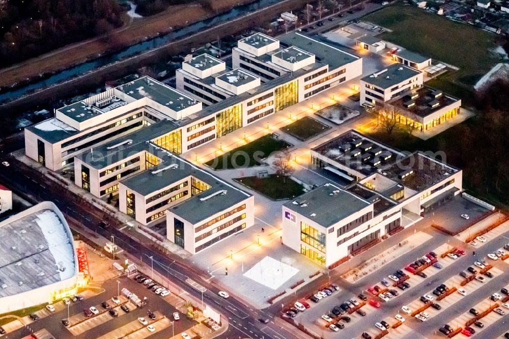 Aerial photograph at night Hamm - Night view building complex of the university Hamm-Lippstadt HSHL in Hamm in the state North Rhine-Westphalia