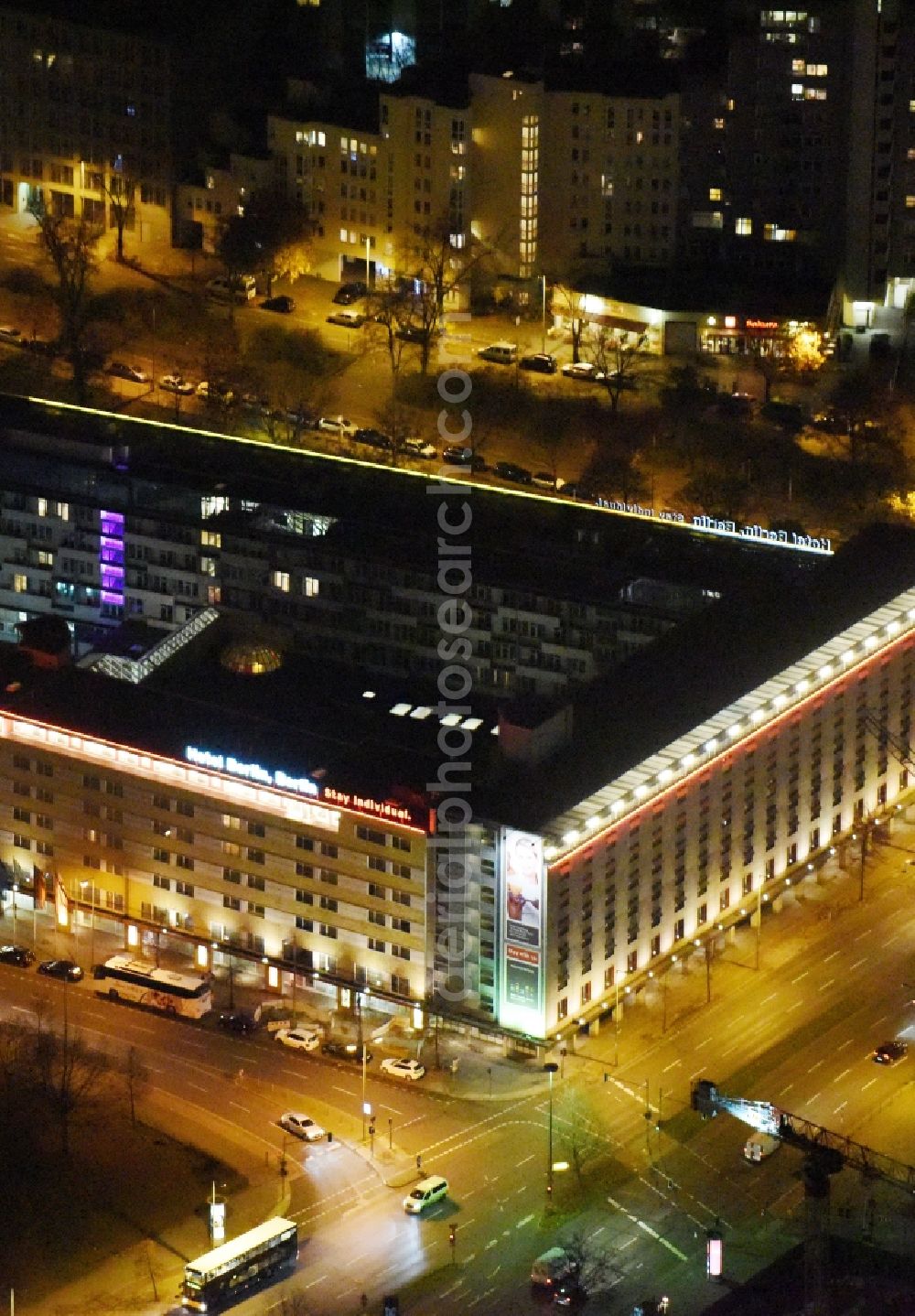 Berlin at night from above - Night view complex of the hotel building Hotel Berlin on Luetzowplatz in Berlin