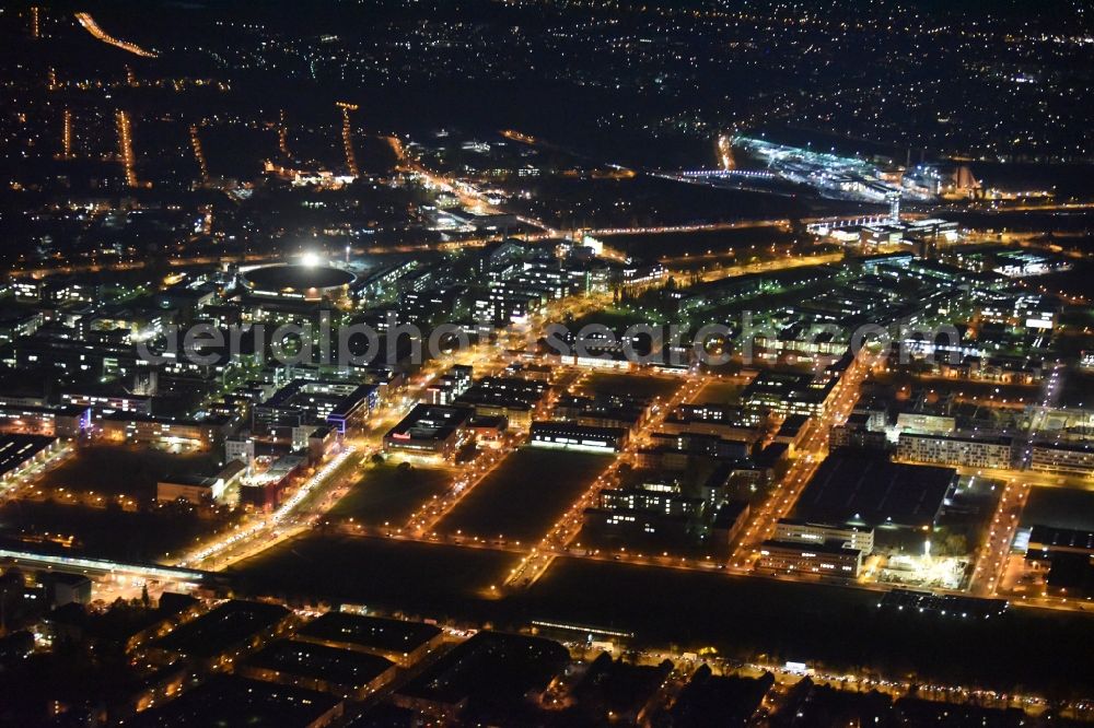 Berlin at night from above - Night aerial view on the industrial estate and company settlement at the Rudower Chaussee in the Adlershof district of Berlin in Germany