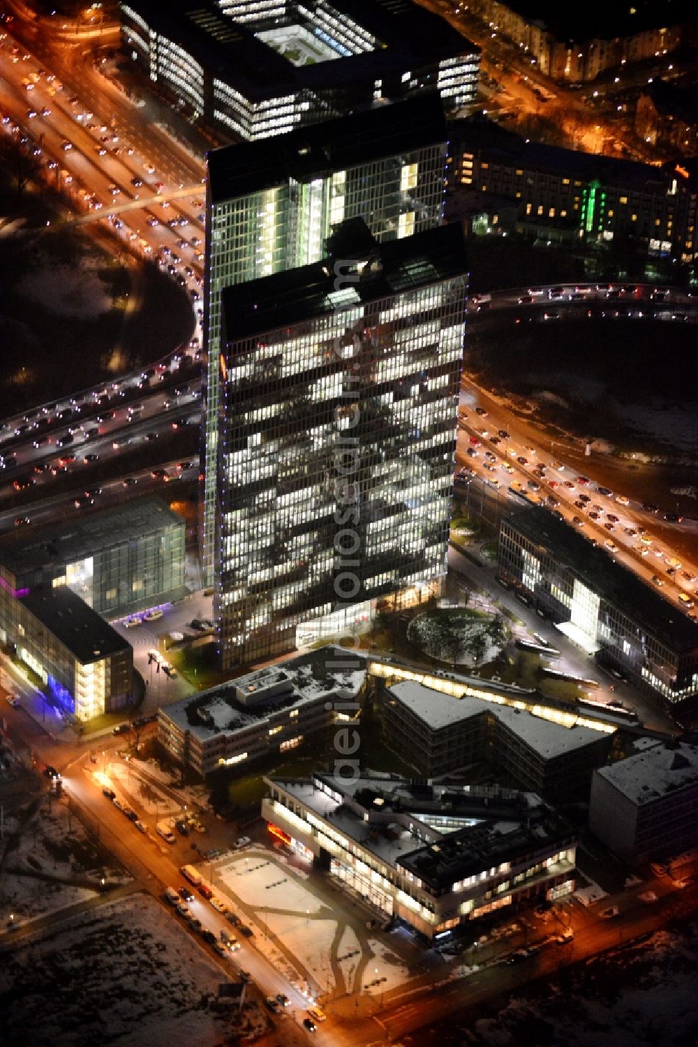 Aerial photograph at night München - Night view of „ HighLight Towers “ office building in Munich