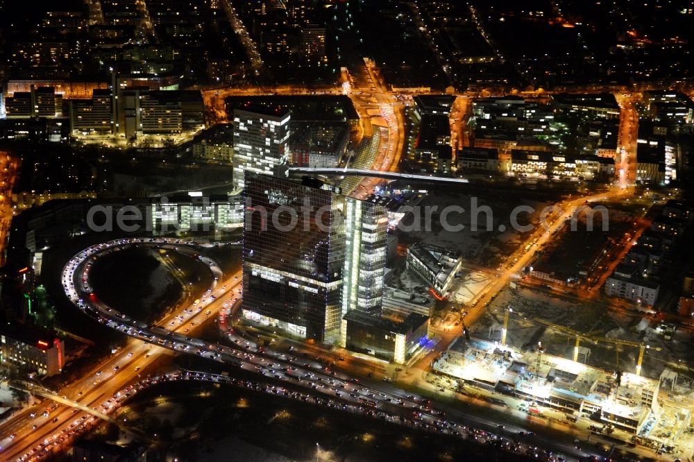 München at night from above - Night view of „ HighLight Towers “ office building in Munich