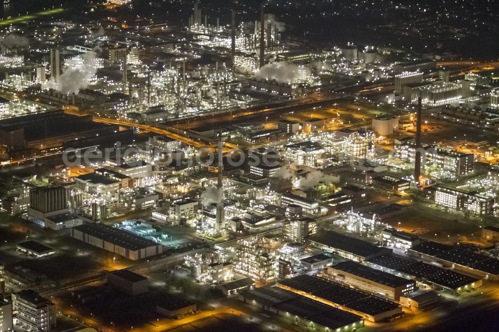 Aerial image at night Dormagen - Night aerial view of industrial site Chempark (formerly Bayer Dormagen or Dormagen site) in Dormagen, in North Rhine-Westphalia