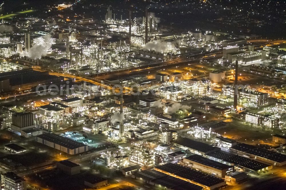 Dormagen at night from above - Night aerial view of industrial site Chempark (formerly Bayer Dormagen or Dormagen site) in Dormagen, in North Rhine-Westphalia