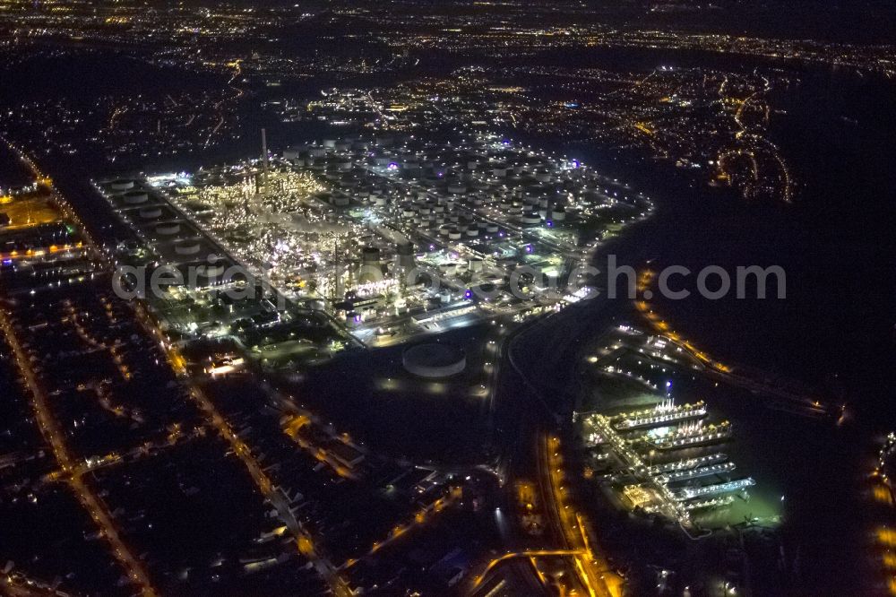 Köln Godorf at night from above - Night aerial view of the industrial area of the German Rhineland refinery Godorf Shell AG in Cologne in North Rhine-Westphalia