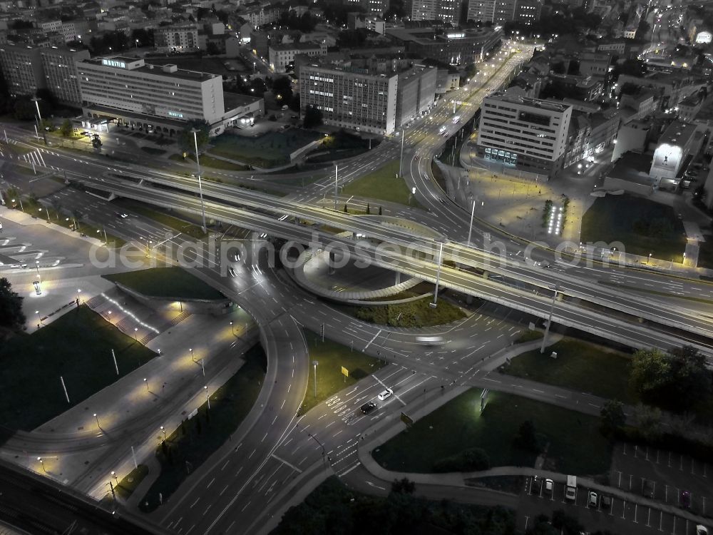 Aerial photograph at night Halle (Saale) - Night aerial view from the roundabout at the intersection Riebeckplatz in Halle (Saale) in Saxony-Anhalt