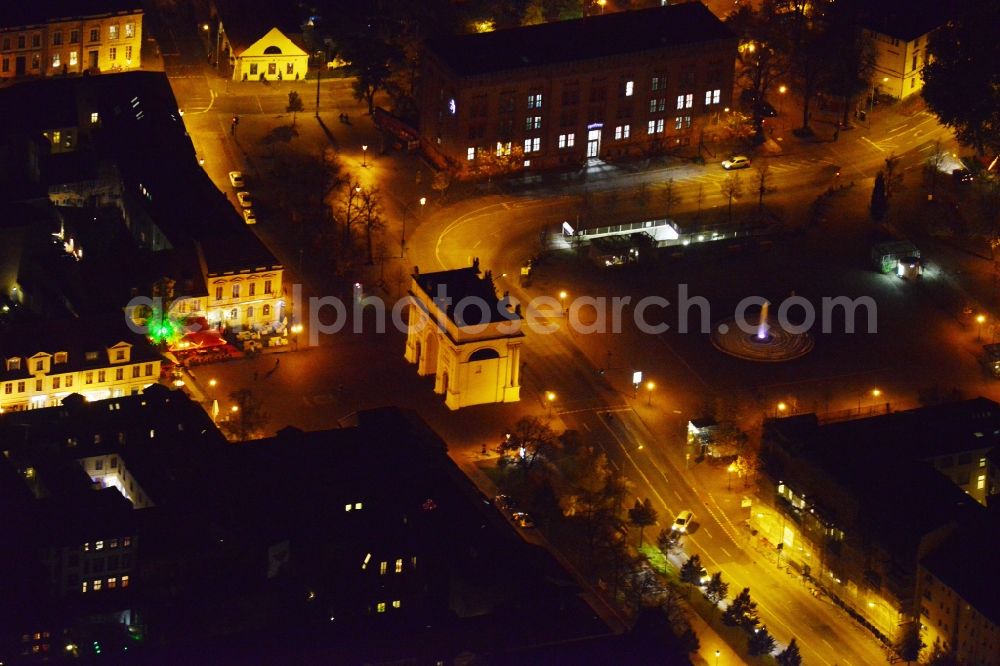 Potsdam at night from above - Night aerial picture of the square Luisenplatz in Potsdam in the state Brandenburg