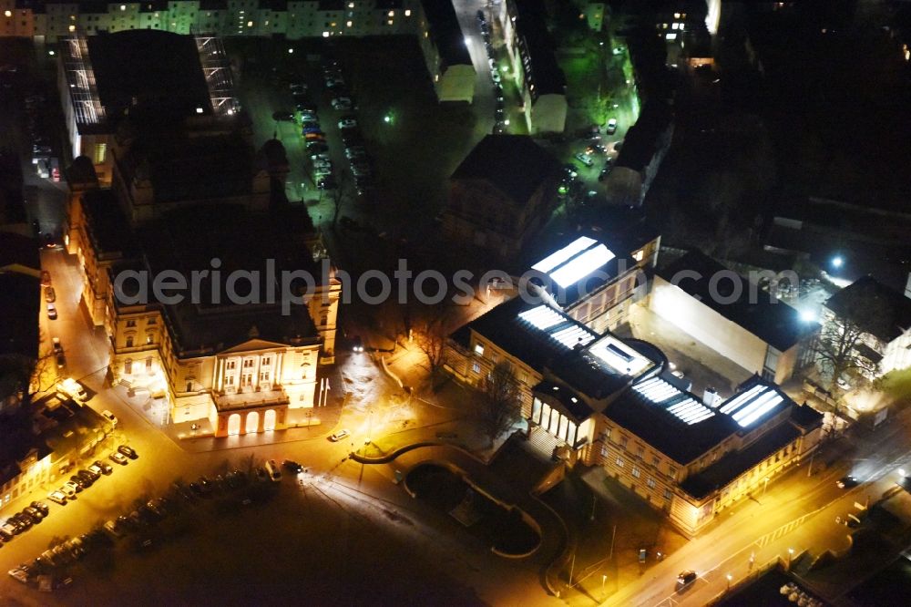 Schwerin at night from the bird perspective: Night view of museum building ensemble Staatliches Museum Schwerin in Schwerin in the state Mecklenburg - Western Pomerania