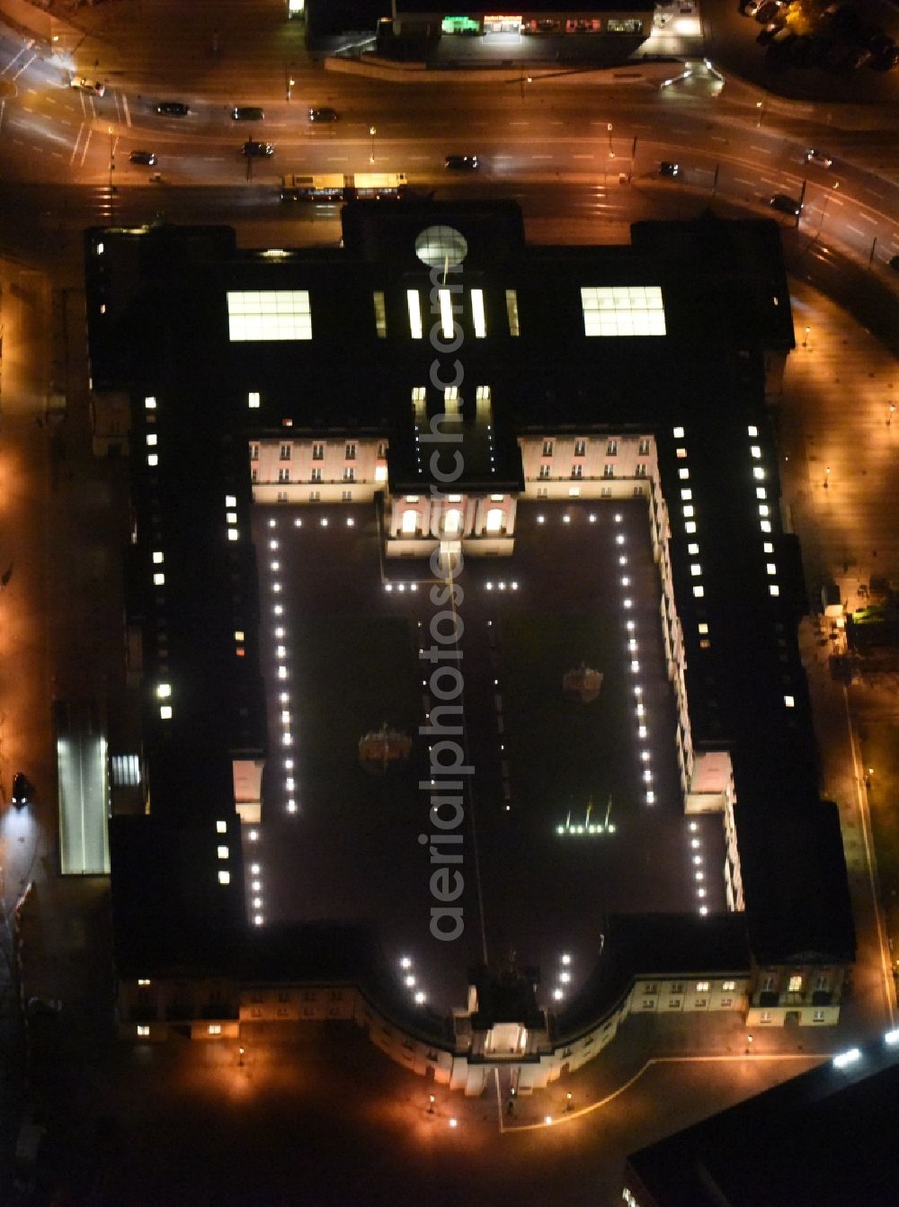 Potsdam at night from the bird perspective: View of the Potsdamer Stadtschloss in Potsdam in the state Brandenburg