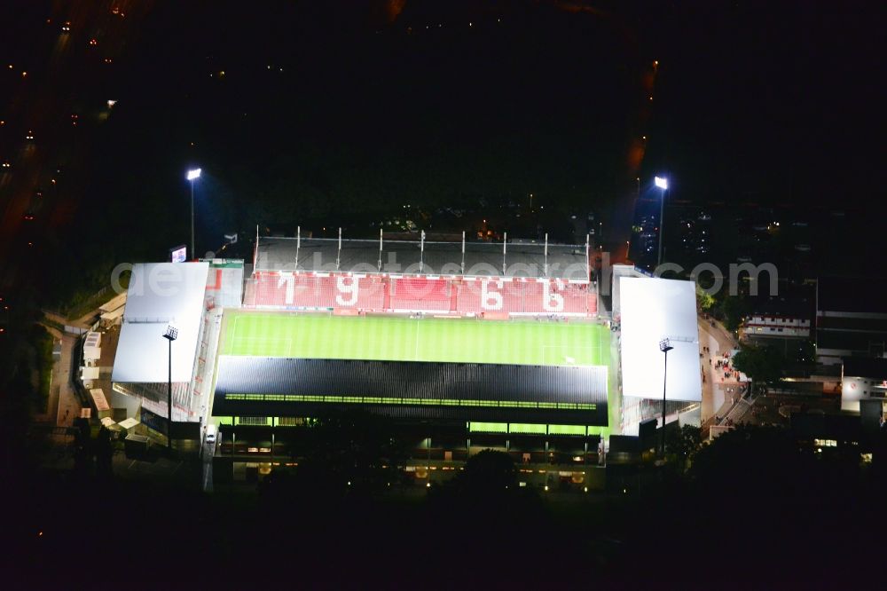 Aerial image at night Cottbus - Night shot of Stadium of Friendship in Cottbus. The Arena is the home ground of the football club FC Energie Cottbus