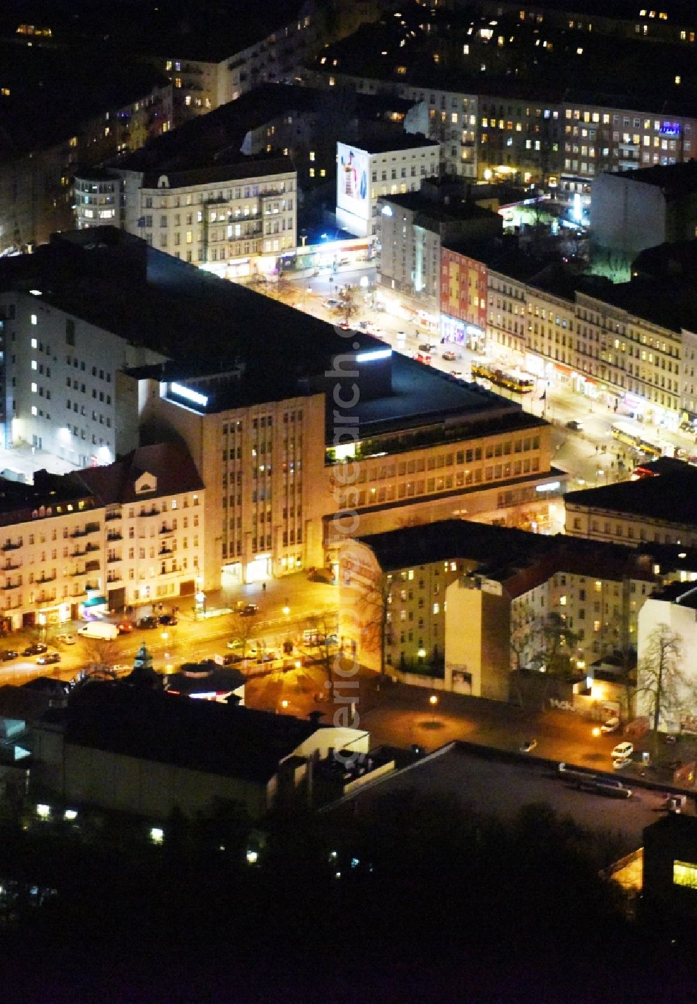 Berlin at night from the bird perspective: Night view Kreuzberg district with the Karstadt - department store at Hermann Square in Berlin