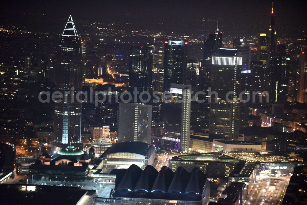 Aerial photograph at night Frankfurt am Main - Night view City center with the skyline in the downtown area in Frankfurt in the state Hesse