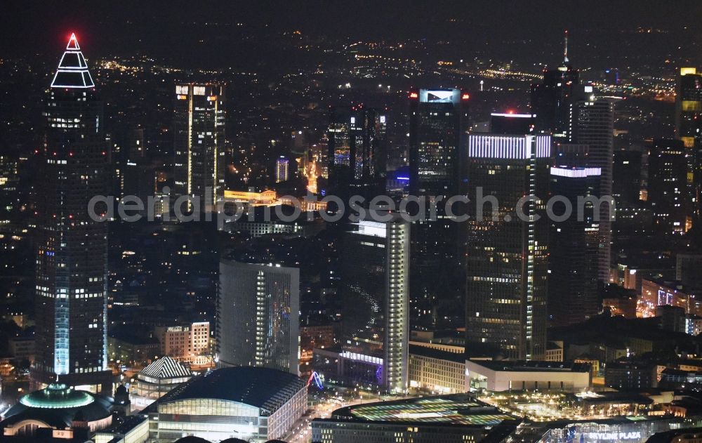 Aerial image at night Frankfurt am Main - Night view City center with the skyline in the downtown area in Frankfurt in the state Hesse