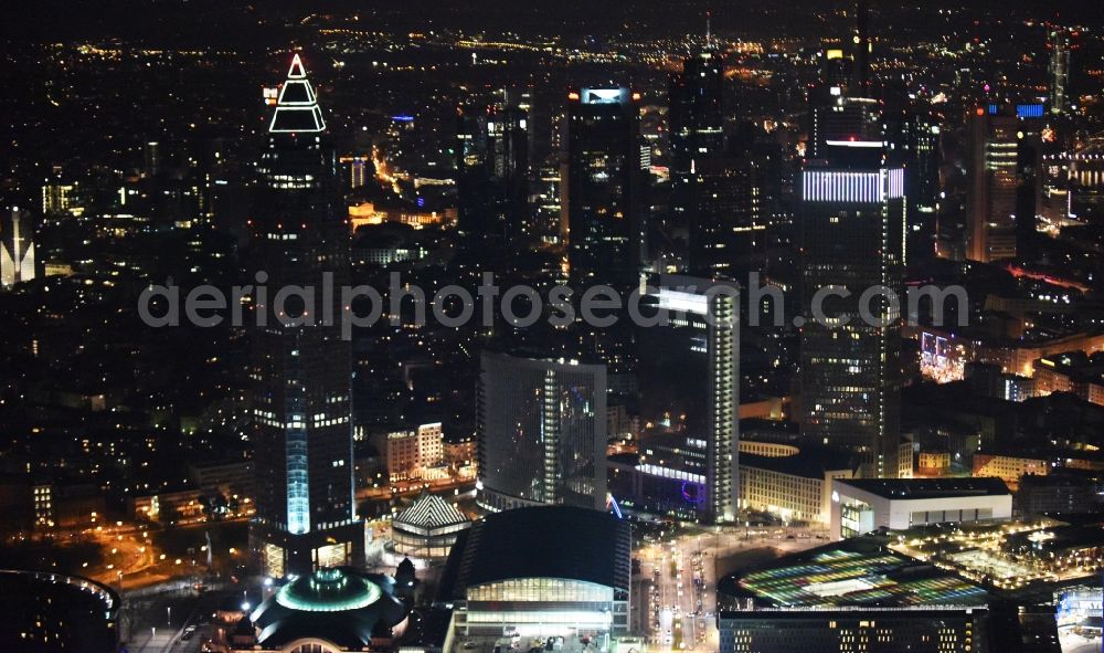 Frankfurt am Main at night from the bird perspective: Night view City center with the skyline in the downtown area in Frankfurt in the state Hesse