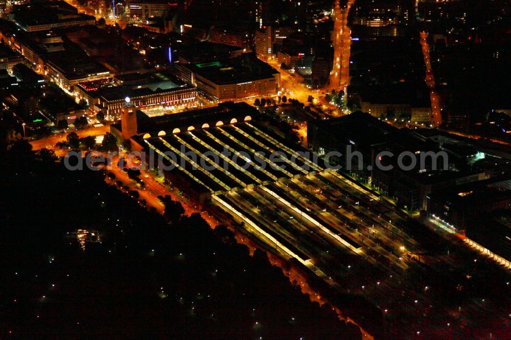 Stuttgart at night from above - Night aerial - shot of Stuttgart Central Station. The termnal station will be largely demolished during the project Stuttgart 21 and converted into an underground transit station